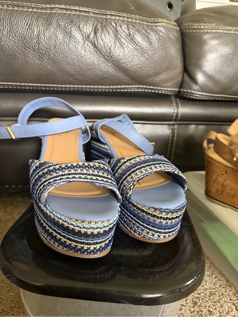 Blue Woven Platform Sandals with Ankle Strap